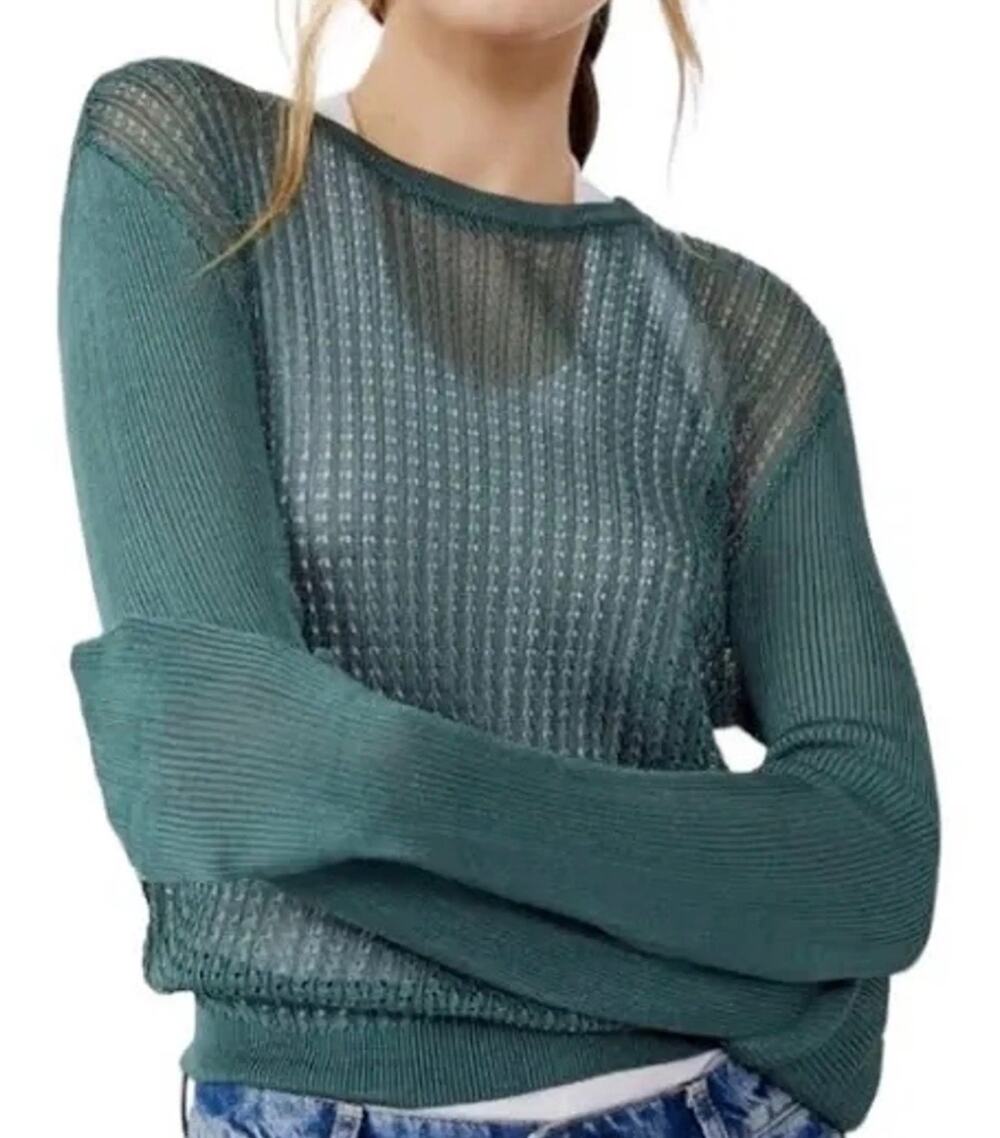 Free People H2O Crew Pullover Jaded Green Sheer Knit Top S